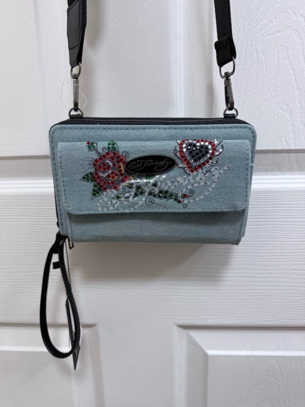 NWT Ed Hardy Light Blue Denim Crossbody with Floral & Heart Embellishments